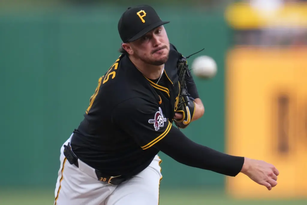 Pittsburgh Pirates starting pitcher Paul Skenes throws to the plate...