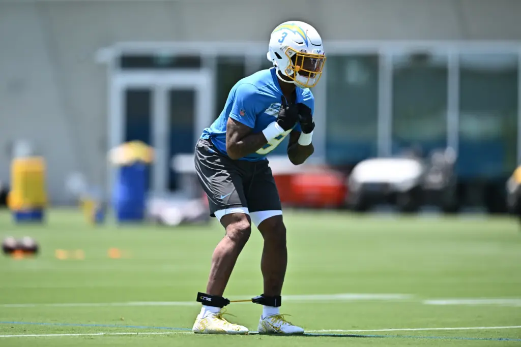 Chargers safety Derwin James Jr. runs a drill during the...