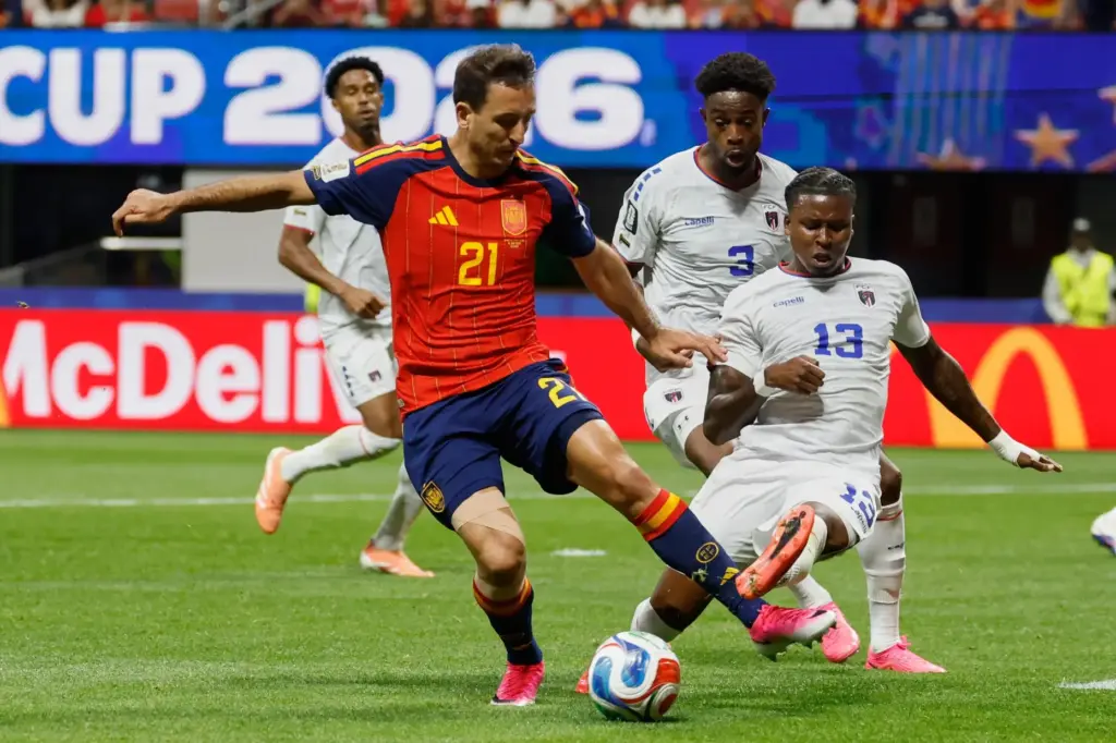 Spain’s Mikel Oyarzabal, left, and Cabo Verde’s Sidny Lopes Cabral...