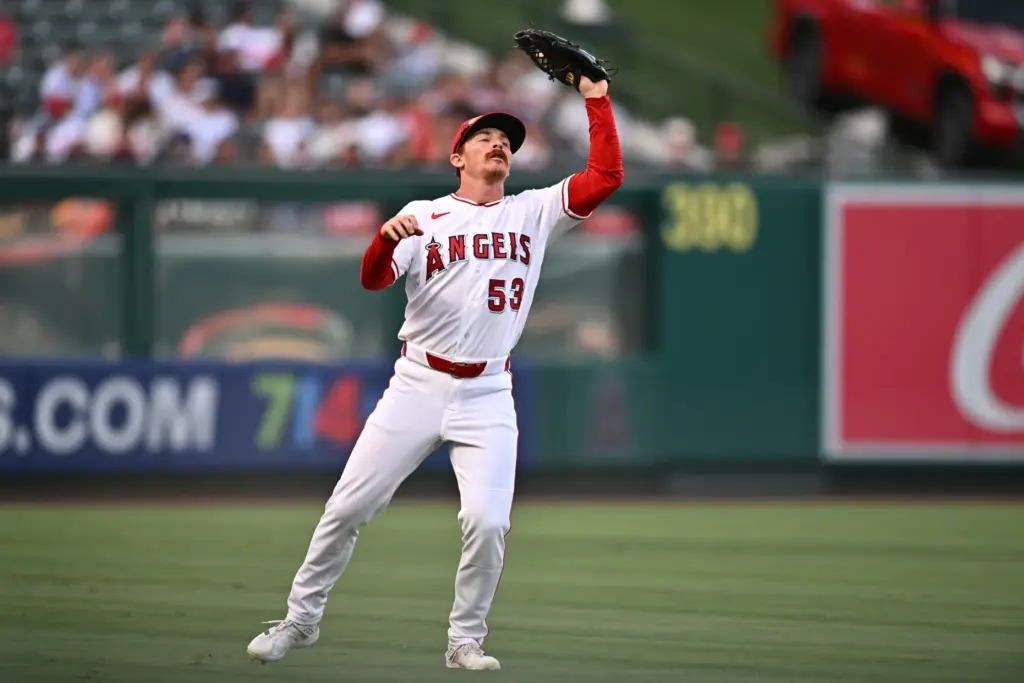 Angels left fielder Wade Meckler makes a catch during the...