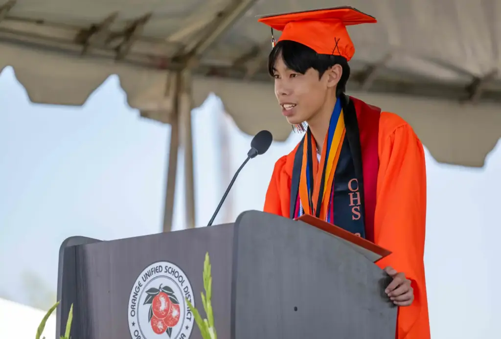 William Tran delivers the Salutatoriansâ Address during the Orange High...