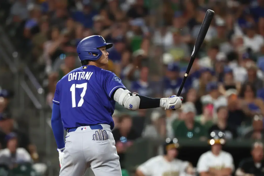 Dodgers star Shohei Ohtani gets ready to bat during the...
