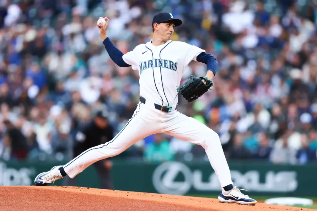 Seattle Mariners starting pitcher George Kirby throws to the plate...