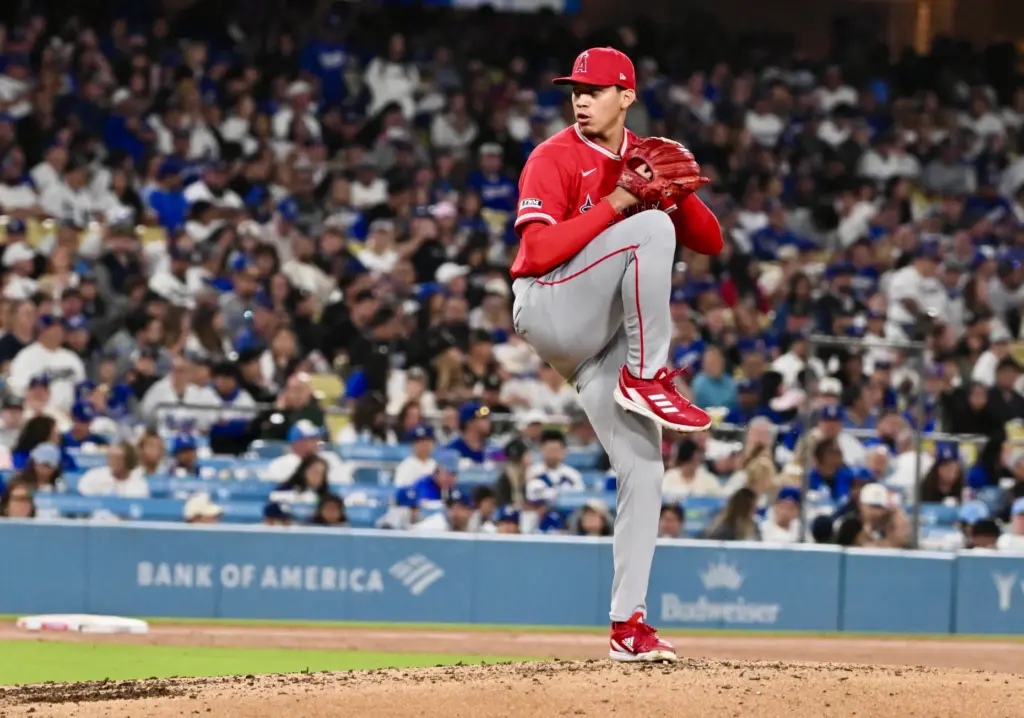 Relief pitcher Samuel Natera Jr. #52 of the Angels makes...