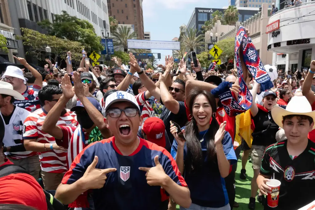 U.S.A. soccer fans celebrate their first goal against Australia during...
