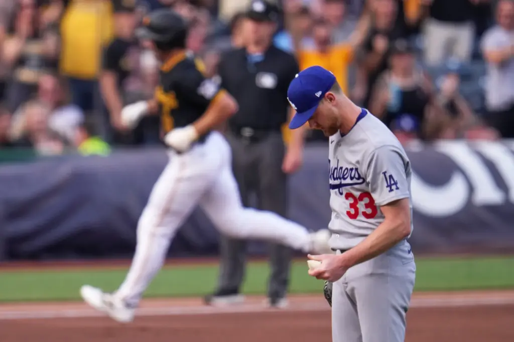 Dodgers pitcher Eric Lauer (33) collects himself on the mound...