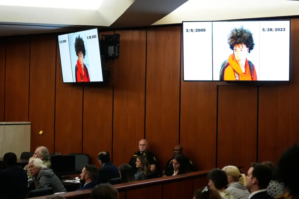 An image of Cyrus Carmack-Belton is displayed in court during...