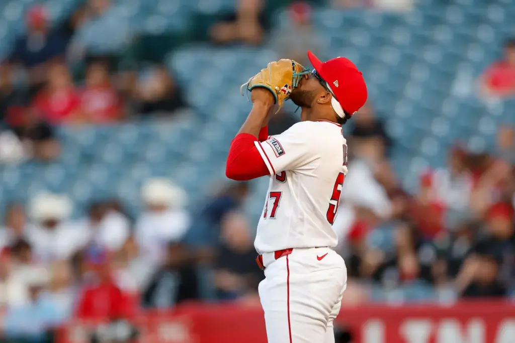 Angels starting pitcher Walbert Urena prepares to pitch during the...
