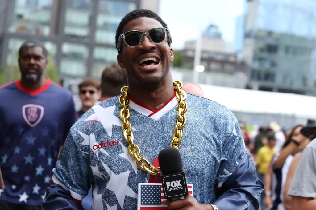 New York Giants quarterback Jameis Winston, greets United States fan...