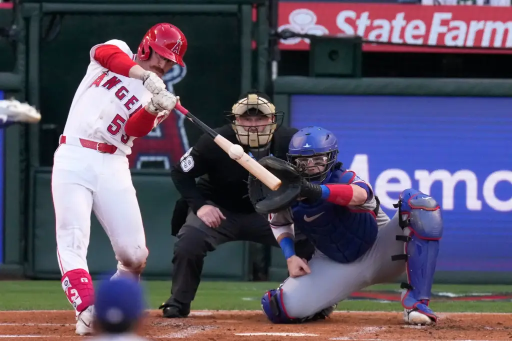 The Angels’ Wade Meckler hits a three-run home run during...