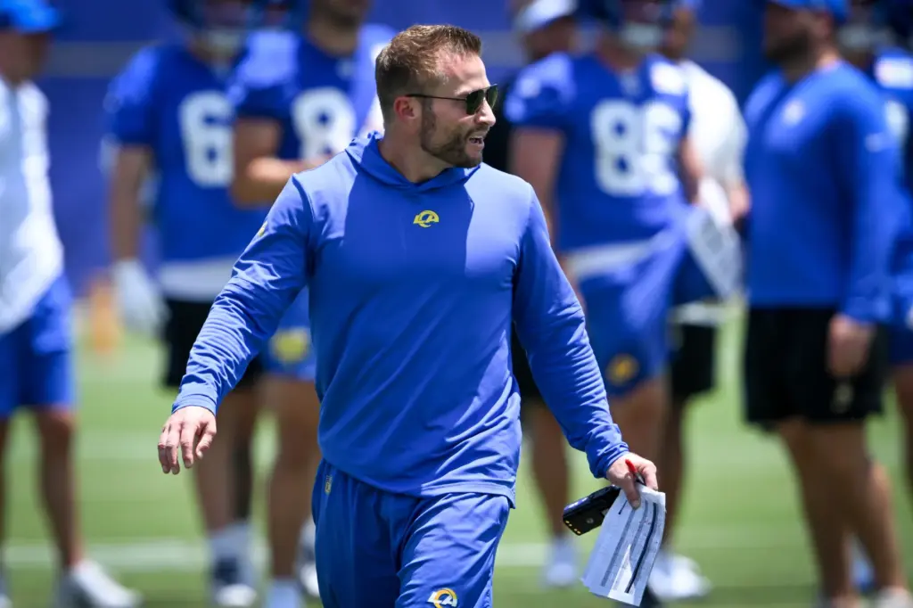 Rams head coach Sean McVay looks on during an OTA...