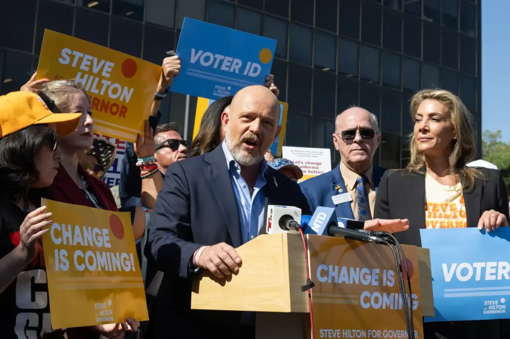 Steve Hilton, a Republican candidate for governor, speaks during a...