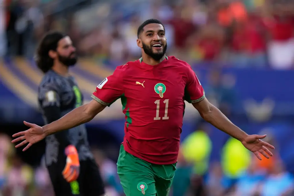 Morocco’s Ismael Saibari celebrates scoring his side’s opening goal against...