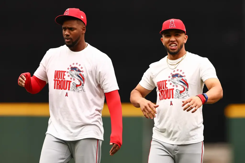 Angels players Jorge Soler, left, and Oswald Peraza wear their...