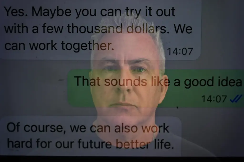 Chris Colocousis sits for a portrait, layered with a screenshot of a text message exchange.
