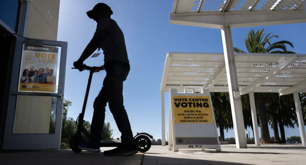 A voting center at the Great Park in Irvine sees...