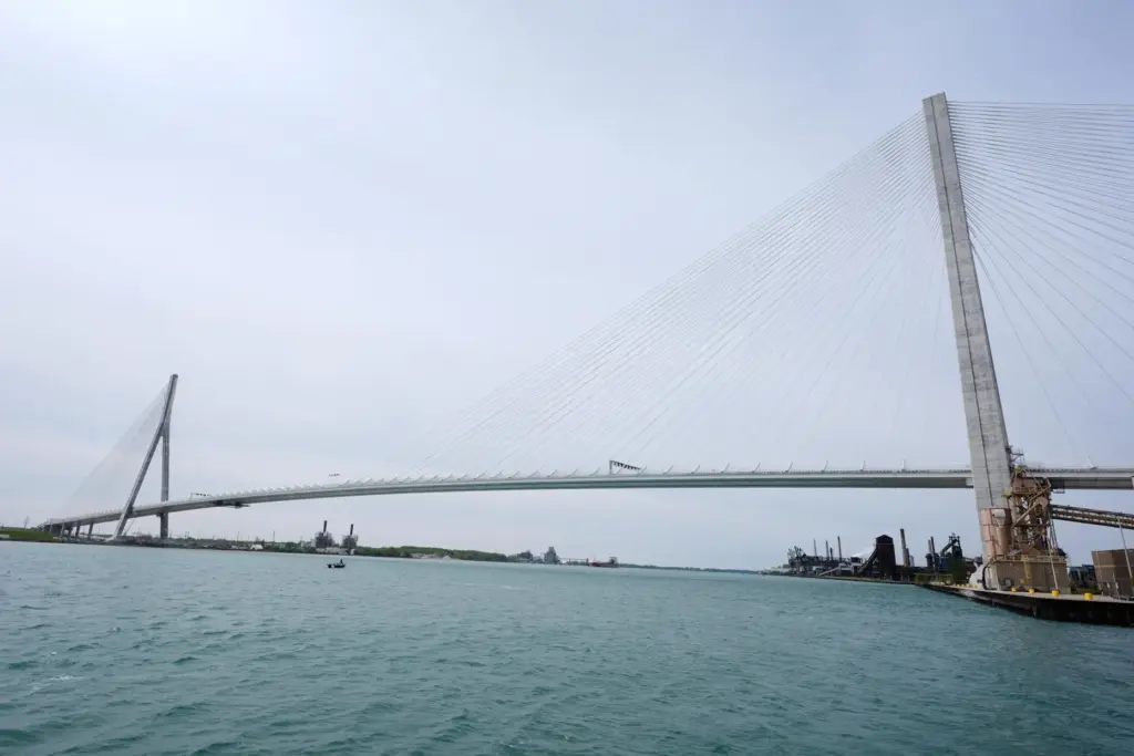 The Gordie Howe Bridge is shown under construction between Windsor, Ontario, and Detroit.