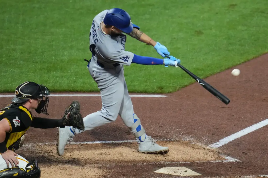 The Dodgers’ Andy Pages hits a two-run home run during...