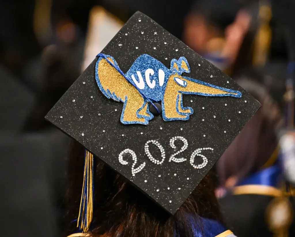 A decorated cap during the commencement ceremony for UC Irvineâs...