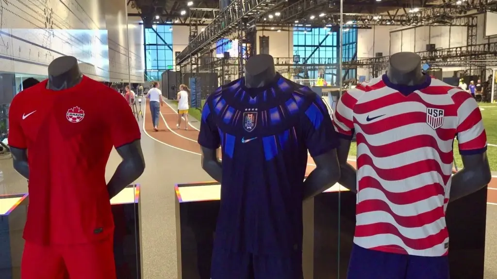 World Cup uniform kits designed by Nike are displayed at...