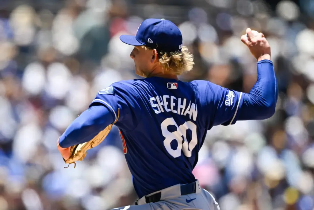 Dodgers pitcher Emmet Sheehan delivers during the first inning of...