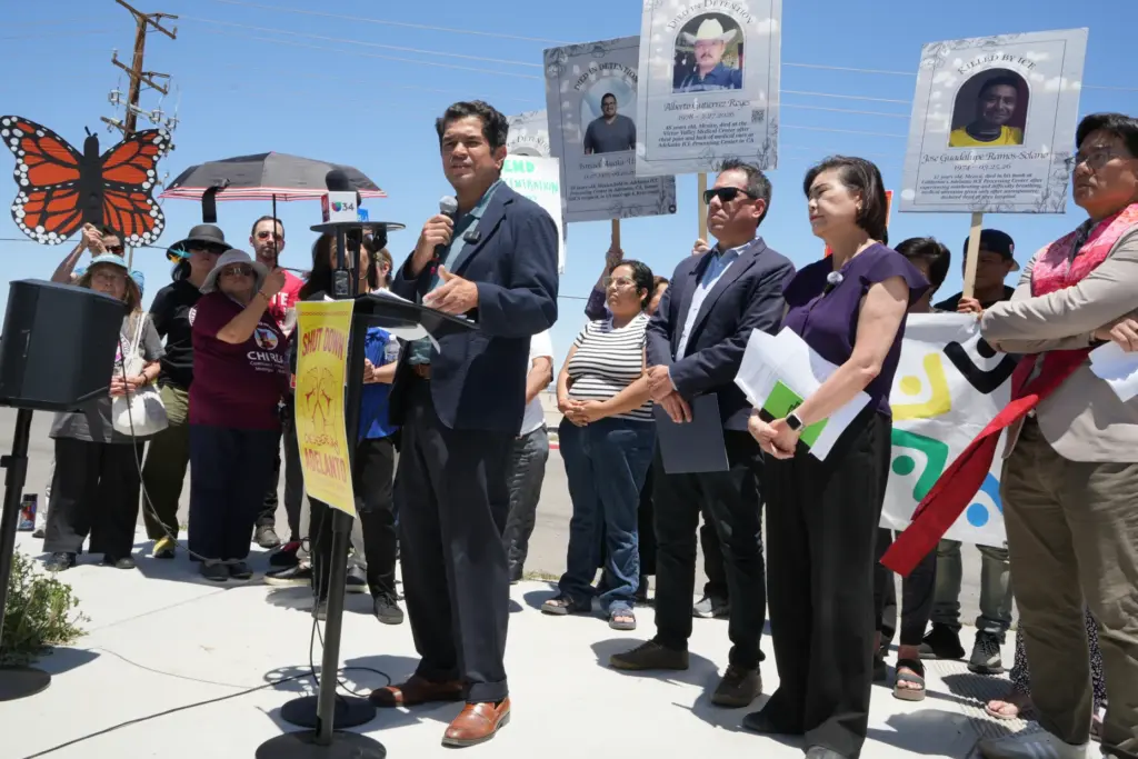 Representative Jimmy Gomez (D-Los Angeles) speaking at a press conference...