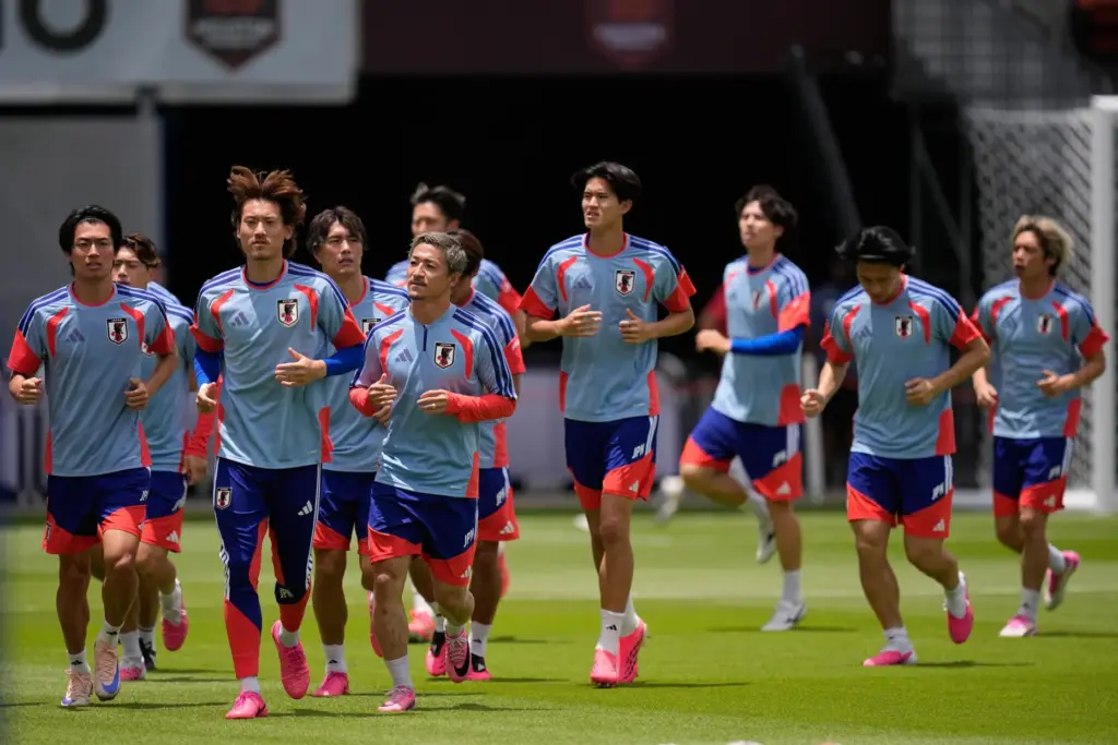 Member of the Japanese national team work out during a...
