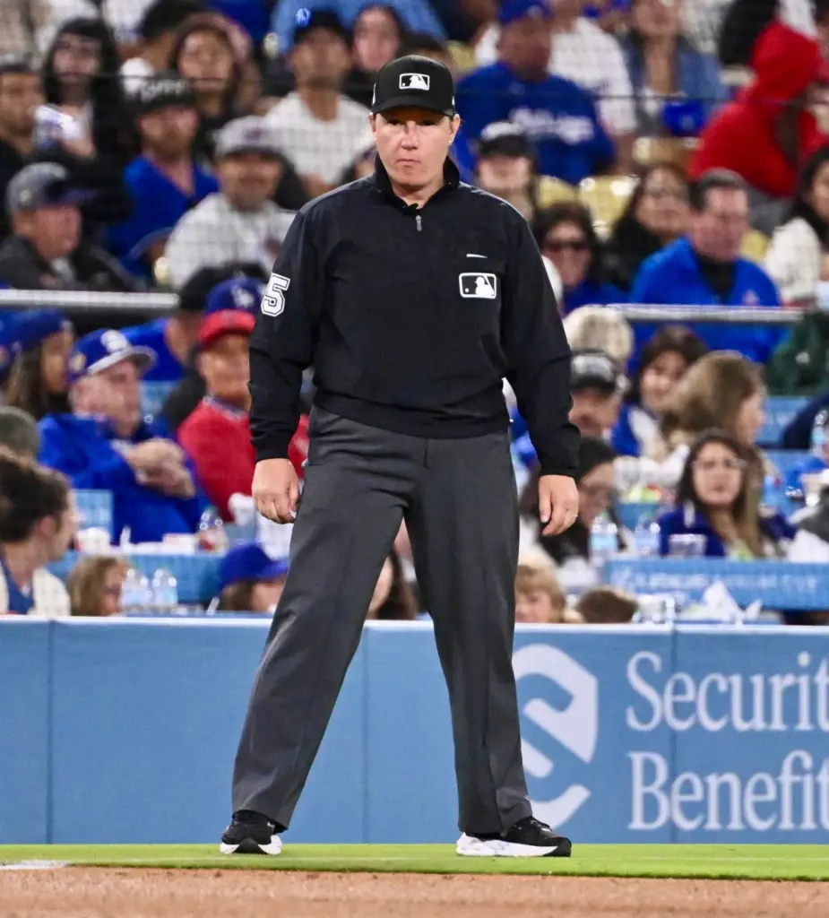 Third base umpire Jen Pawol in the sixth inning of...