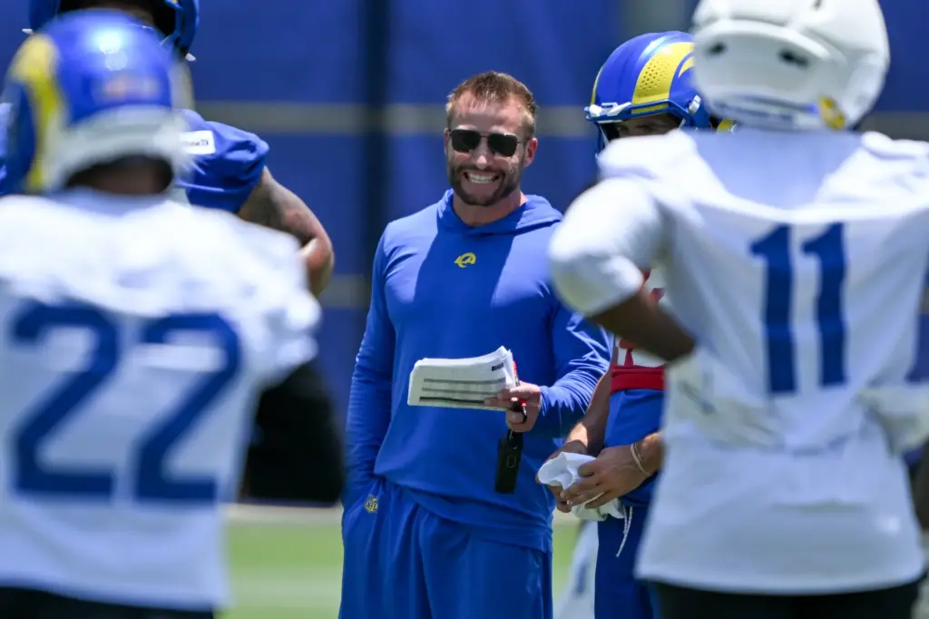 Rams head coach Sean McVay looks on during an OTA...