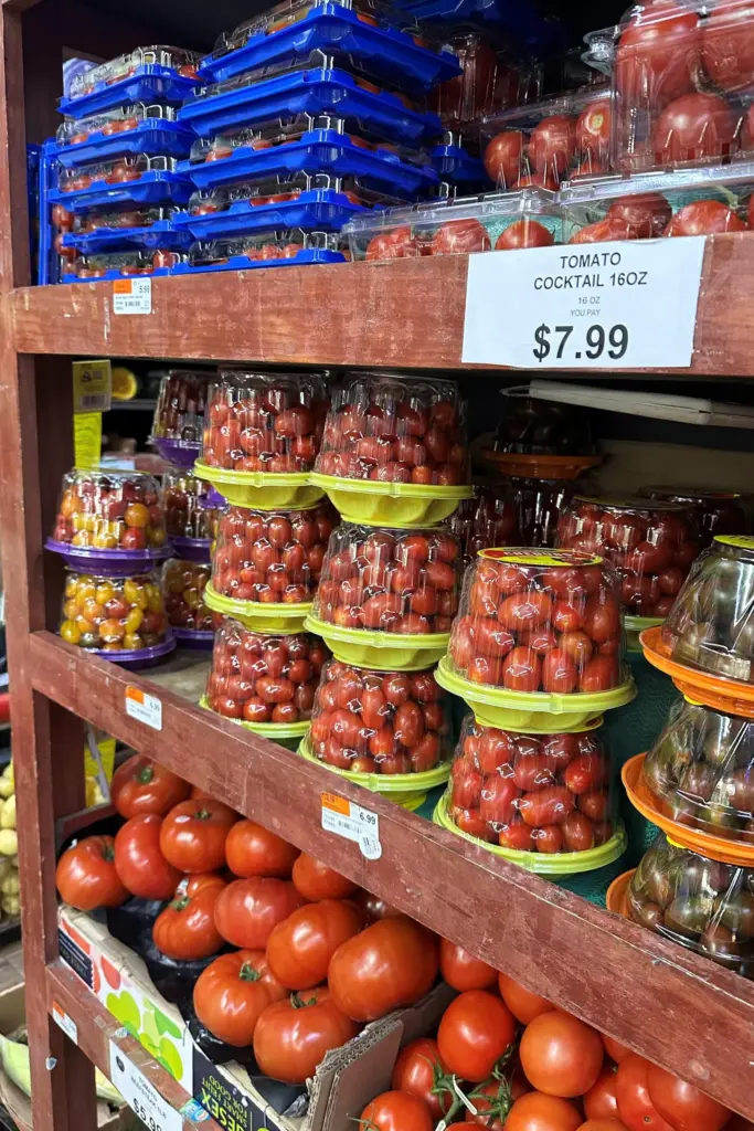 Tomatoes await customers on the shelves of a supermarket in New York.