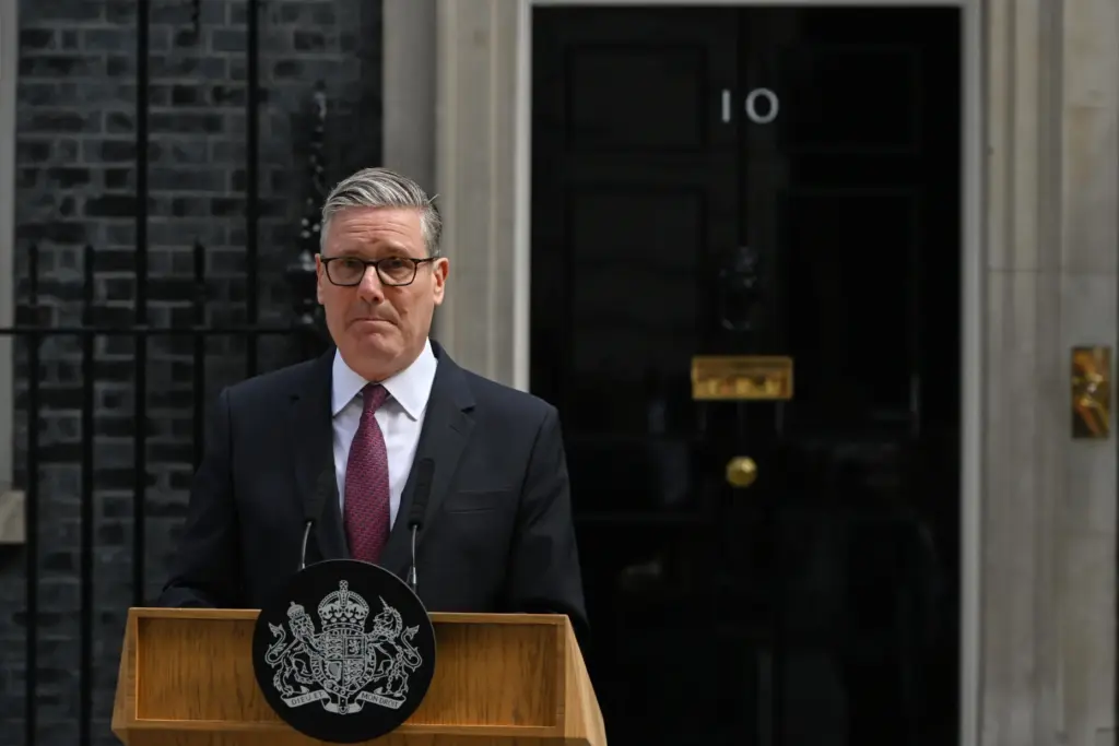 Britain’s Prime Minister Keir Starmer speaks to the media outside...