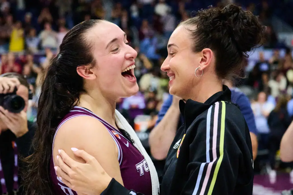 The Toronto Tempo’s Marina Mabrey, left, celebrates with her sister...
