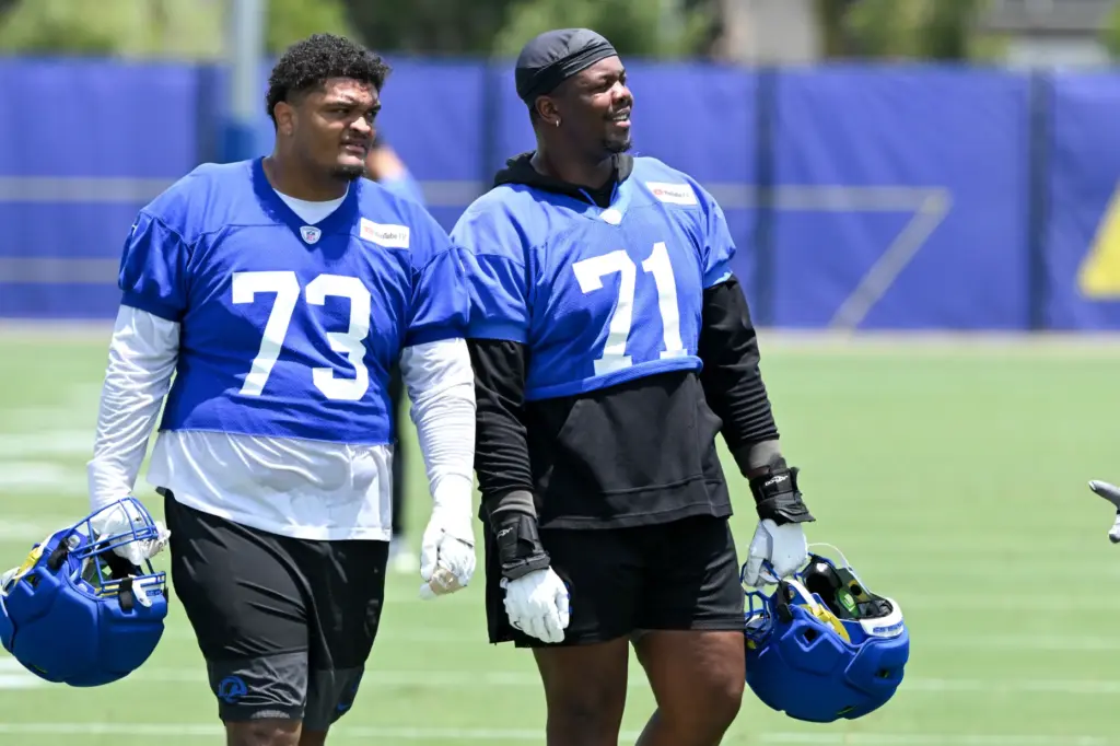Rams offensive linemen Steve Avila, left, and Warren McClendon Jr....