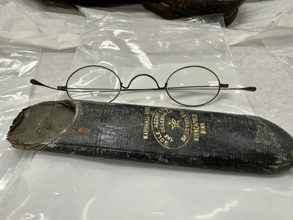 The eyeglasses and case belonging to Mark Kellogg, a reporter...