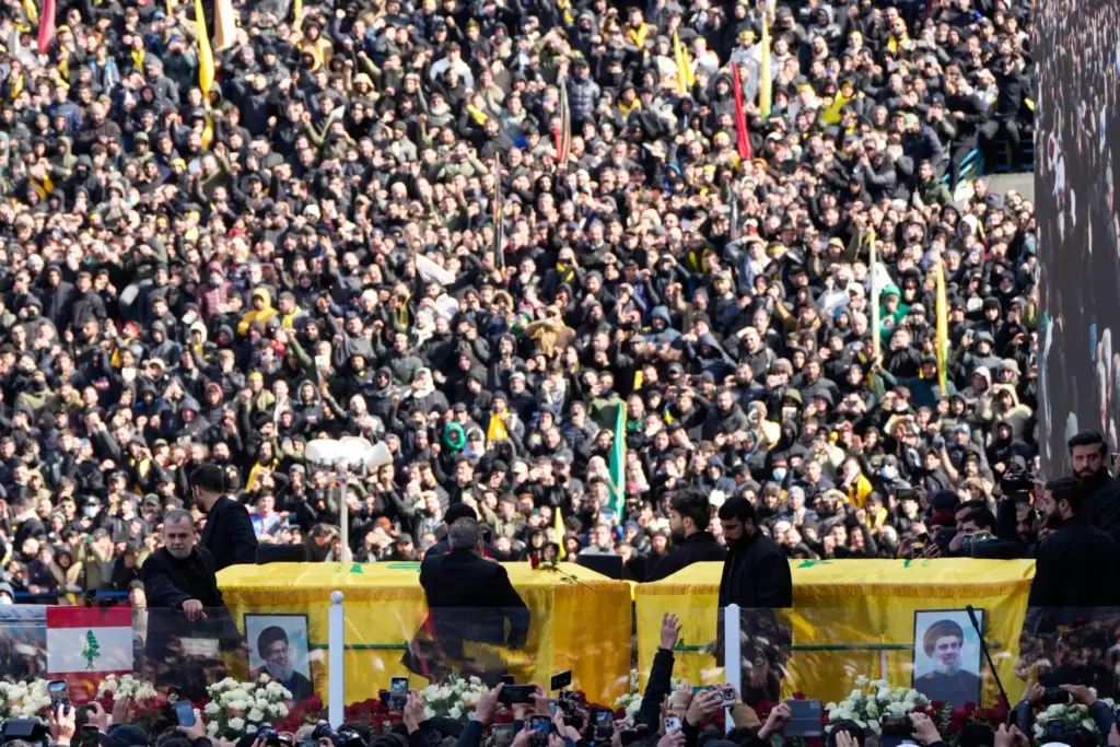 A trailer carrying the coffins of Hezbollah's former leader Hassan Nasrallah and his cousin.