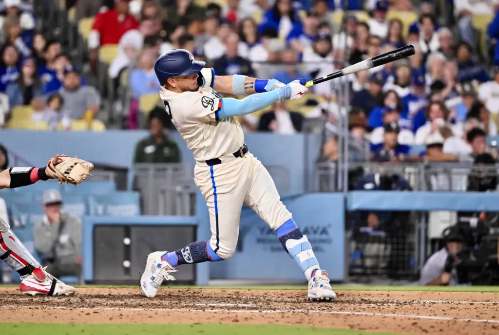 Miguel Rojas #72 of the Dodgers singles against the Angels...