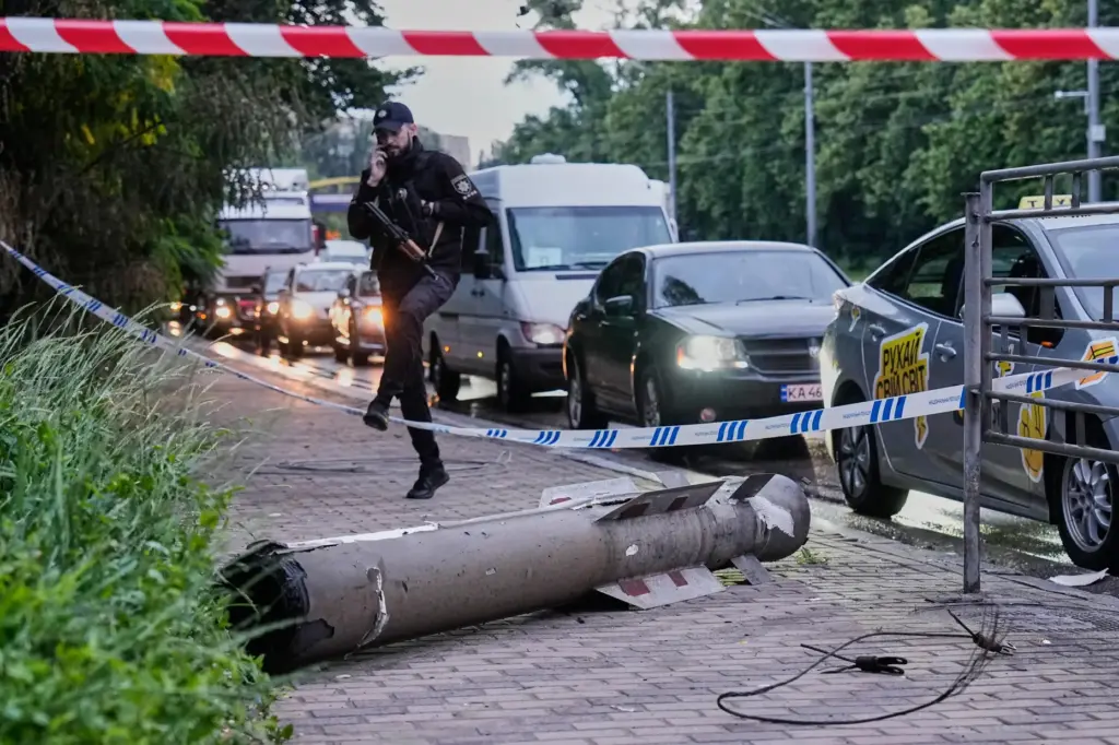 A missile fragment lies on the street following Russia's air attack in Kyiv, Ukraine.