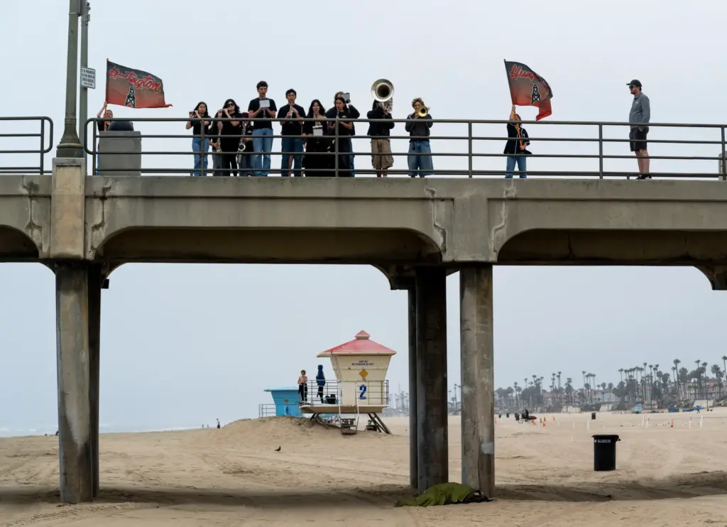 Musicians from Huntington Beach High School play on the pier...