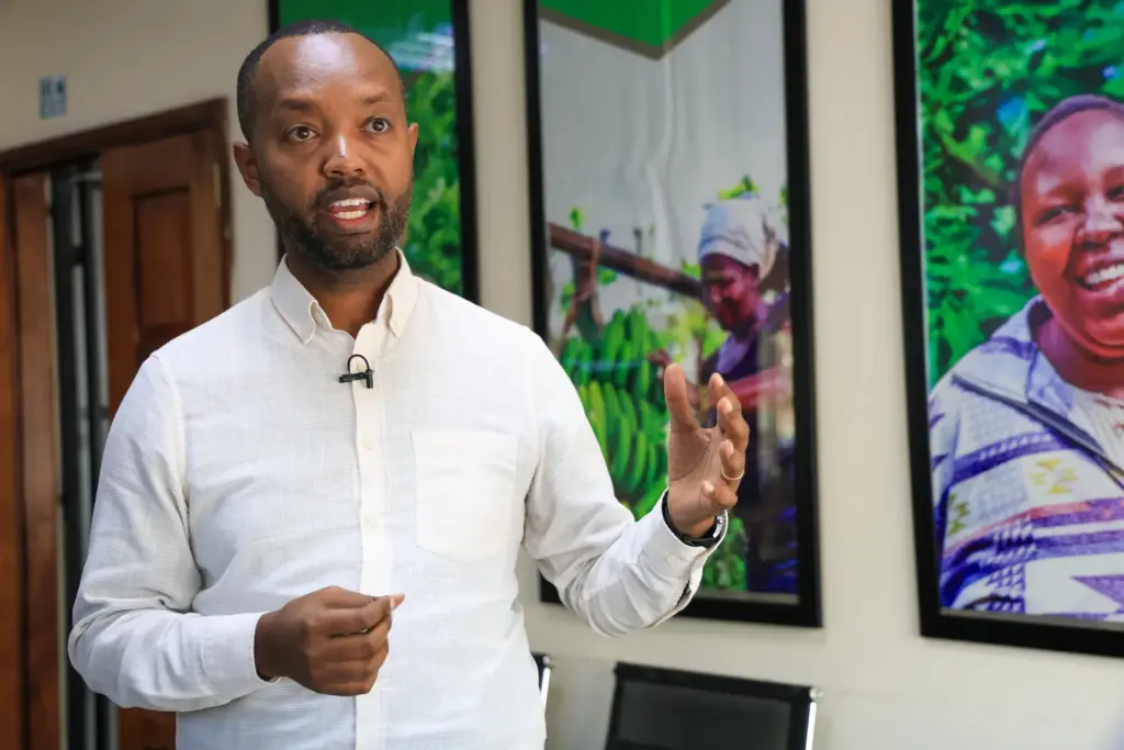 Soko Fresh CEO Denis Karema speaks during an interview with...