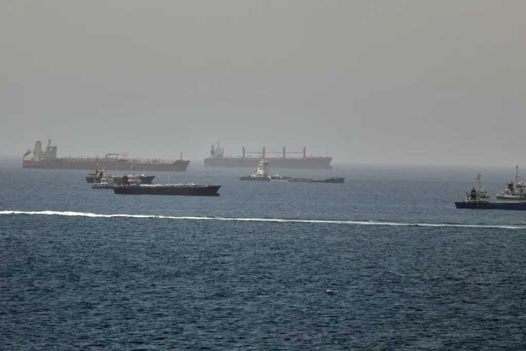 Tankers and cargo vessels are seen in the Gulf of Oman.