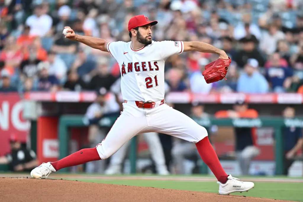 Angels starting pitcher Grayson Rodriguez throws to the plate during...