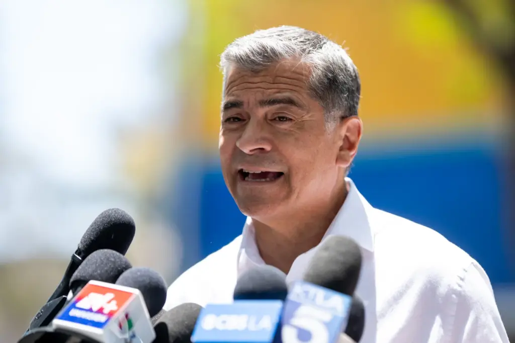 Democratic gubernatorial candidate Xavier Becerra talks with media after meeting...