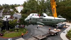 Former presidential helicopter displayed at Nixon Library on trip to restoration
