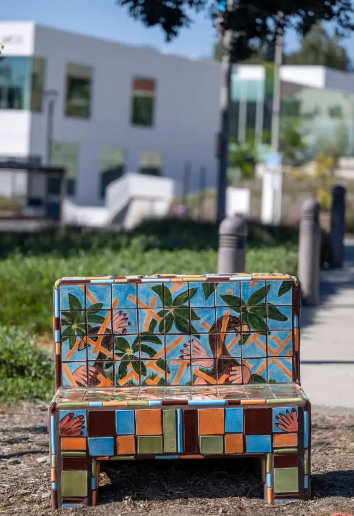 A colorful mosaic bench at Saddleback College in Mission Viejo...