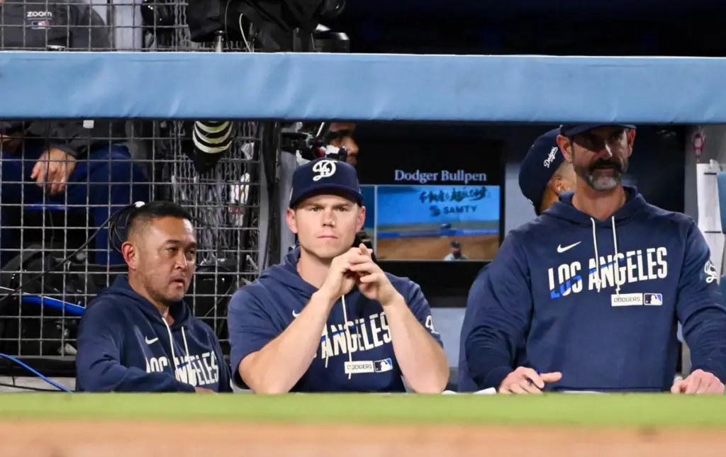 Will Smith #16 of the Dodgers looks on in the...