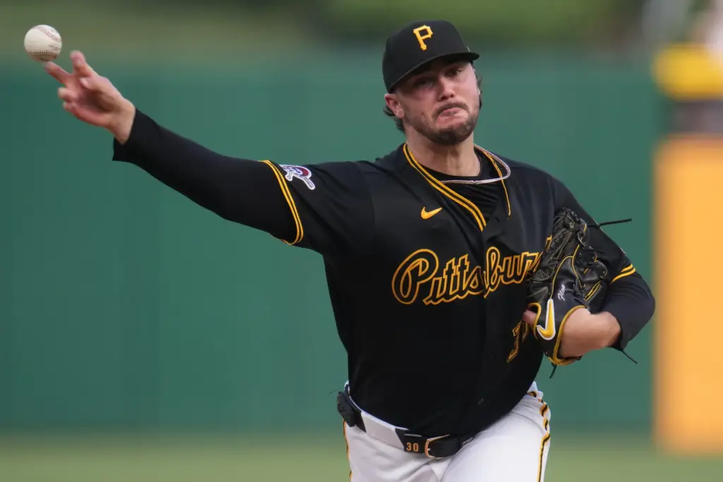 Pittsburgh Pirates starting pitcher Paul Skenes throws to the plate...