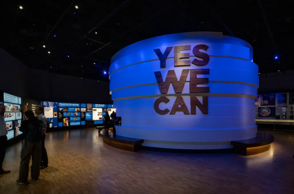 Exhibits from the 2008 campaign are displayed as the Obama...