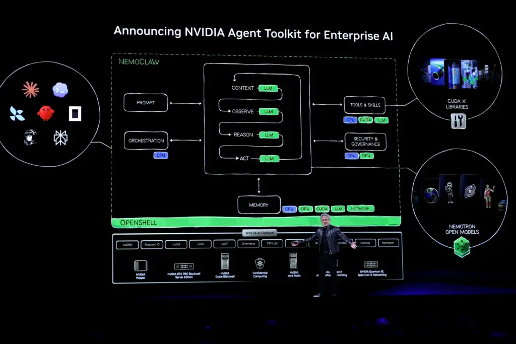 Nvidia CEO Jensen Huang delivers a speech during the Computex 2026 exhibition.