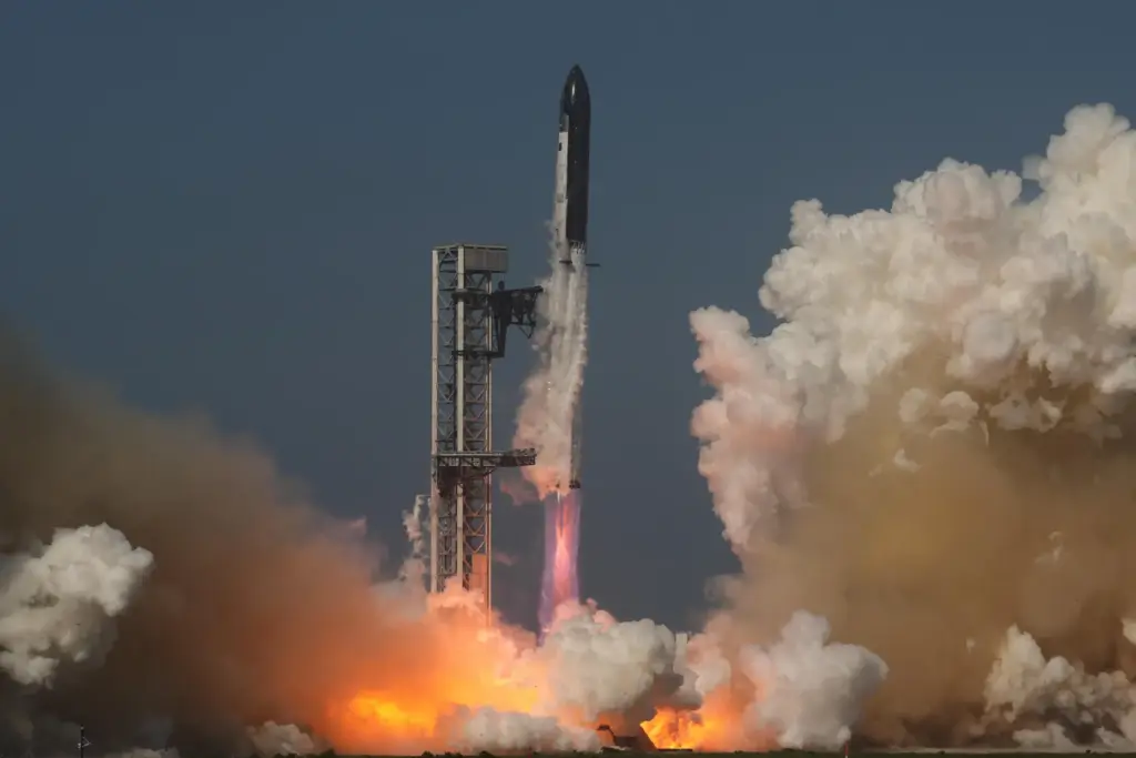 SpaceX's Starship rocket lifts off during a test flight from Starbase.