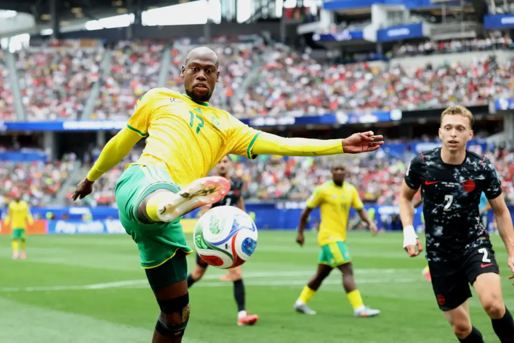 South Africa forward Evidence Makgopa (17) kicks the ball against...
